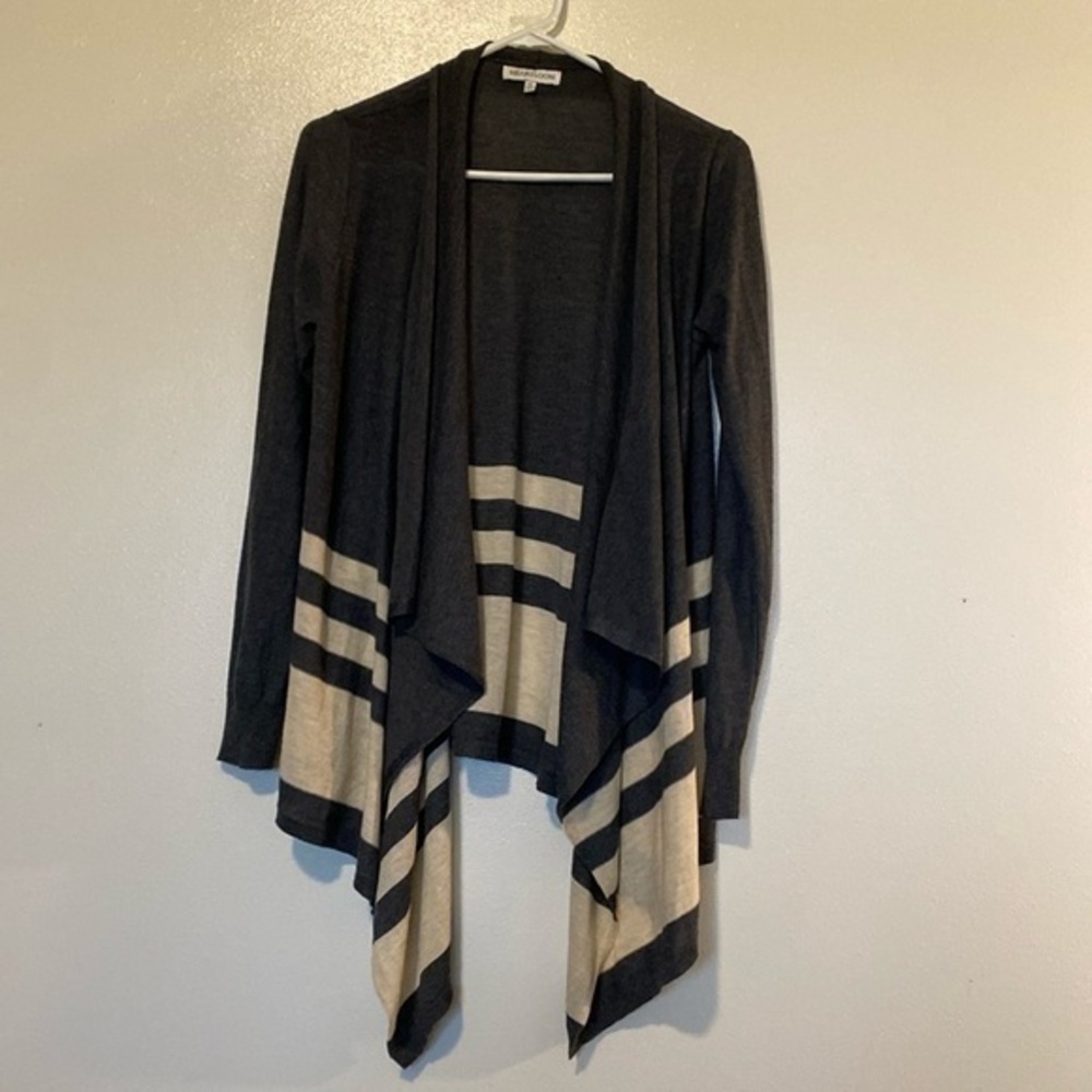 Heartloom Gray & Cream Open Front Long Sleeve waterfall Cardigan Sweater…